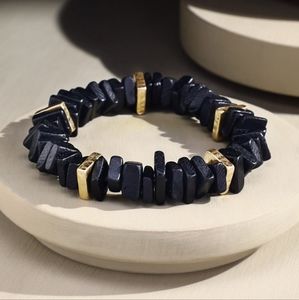 Jet Black Dyed Square Coconut Shell Stretch Bracelet w Gold Toned Metal Accents